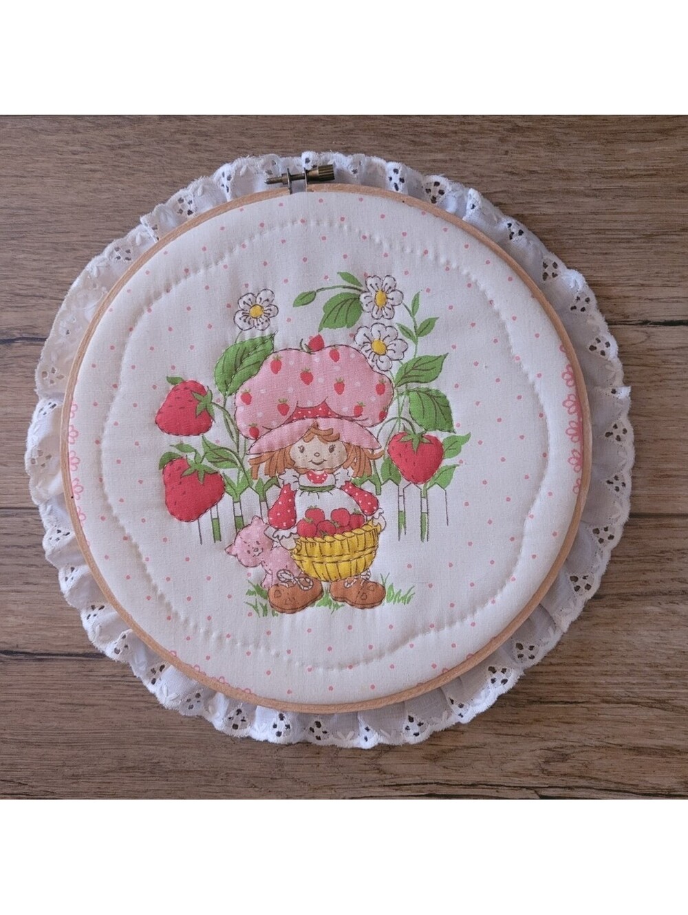 Vintage 1980s Strawberry Shortcake Quilted Framed Wooden Embroidery Hoop